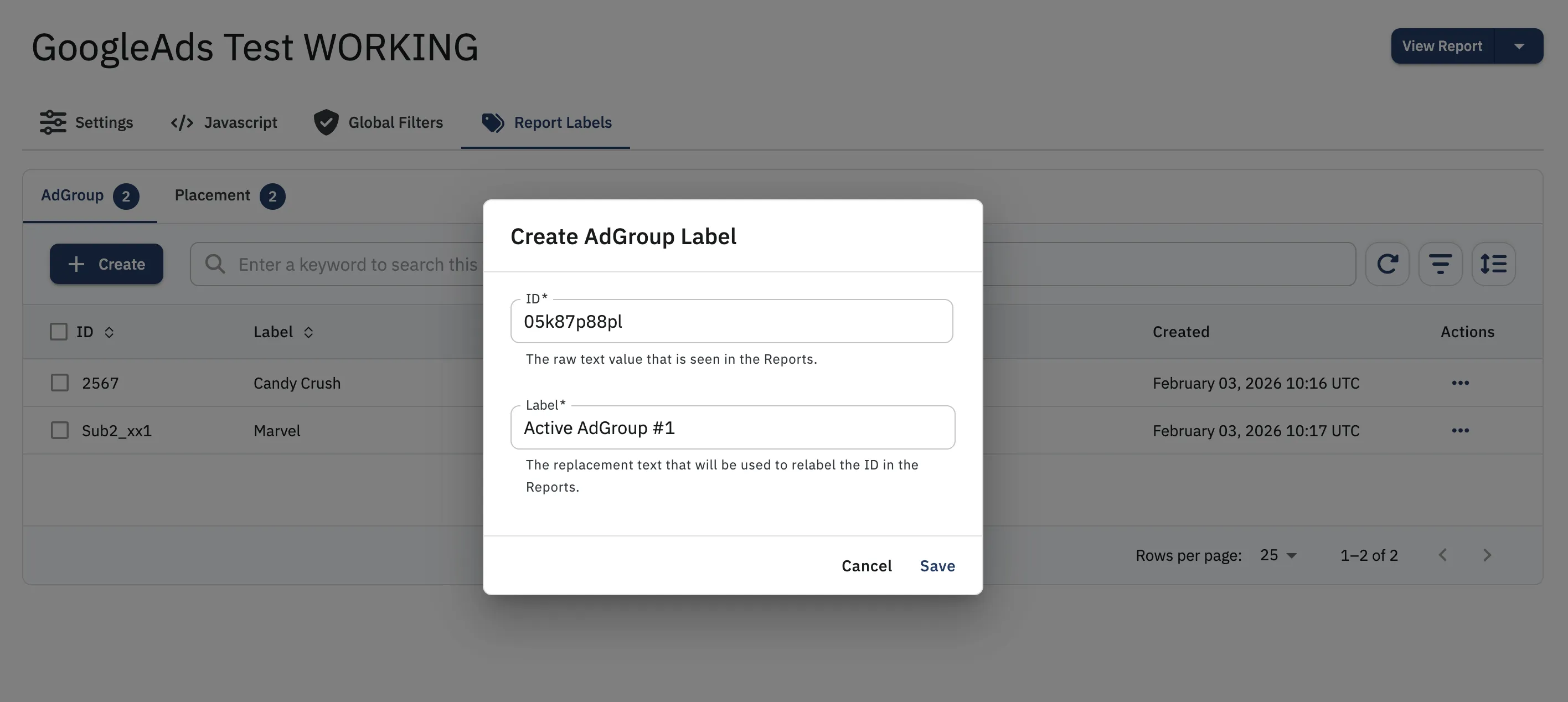 Create AdGroup Label