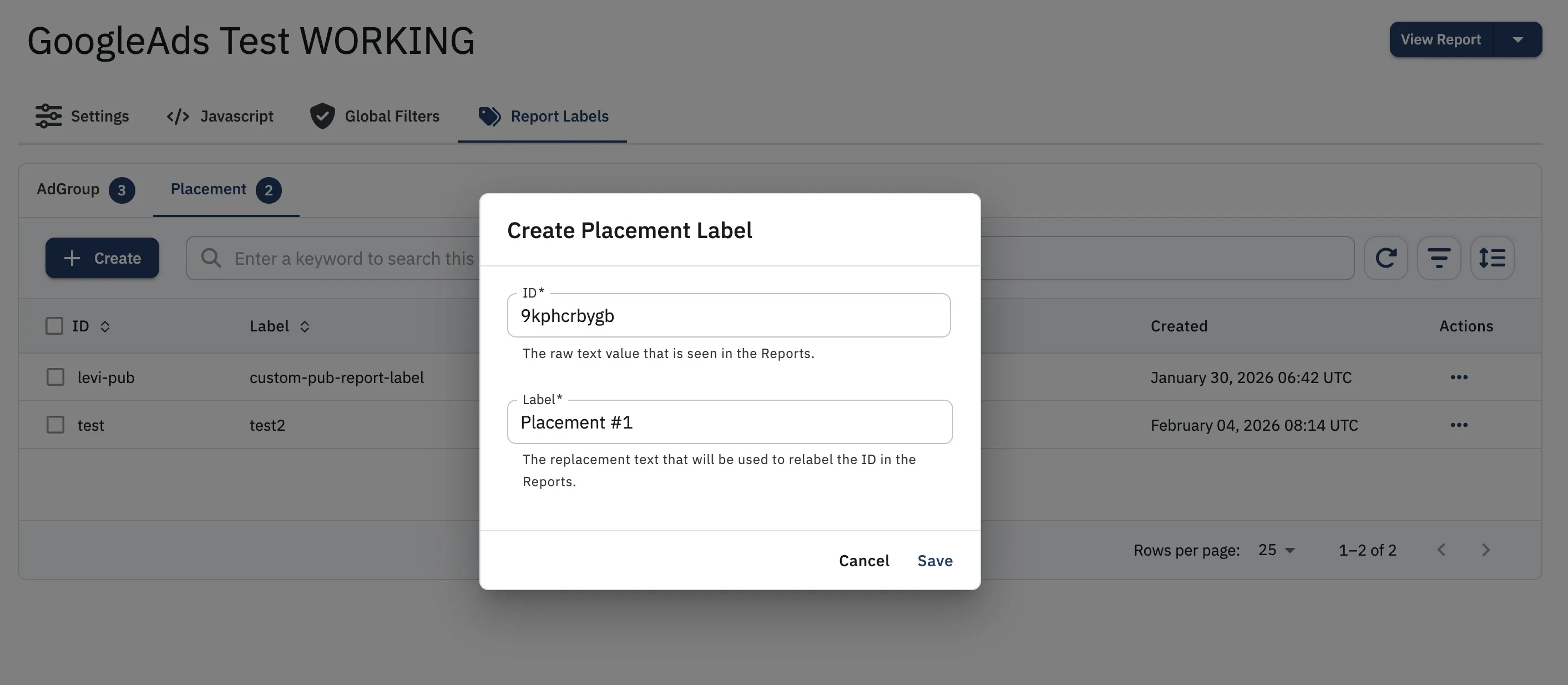 Create Placement Label